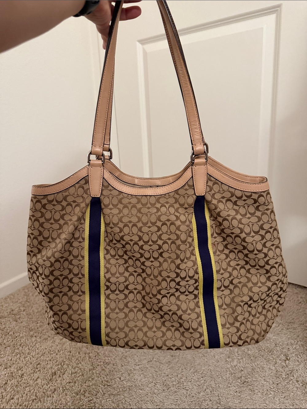 Coach Canvas Tote with Navy & Yellow Stripe Accents - Picture 3 of 16